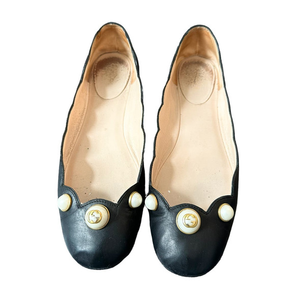 Gucci Willow Logo Pearl Black Leather Ballet Flats 37 - Picture 1 of 10